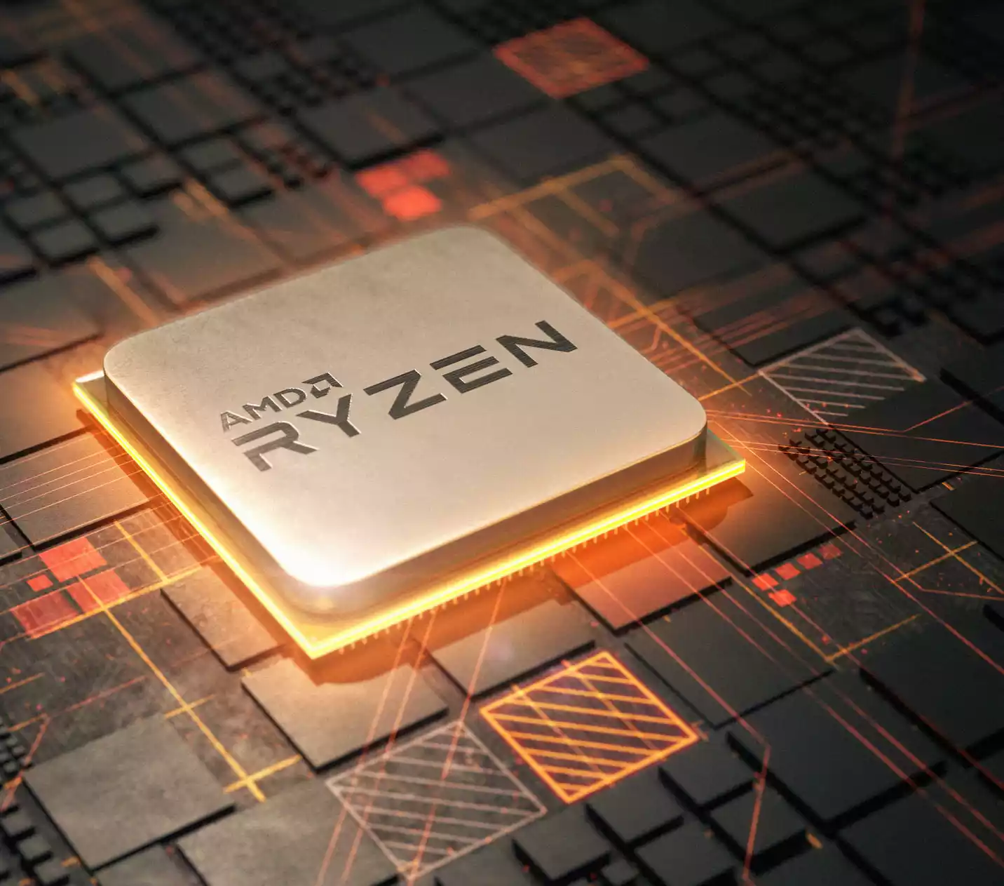 procesador AMD Ryzen 5 3400g iluminado sobre fondo de cuadros
